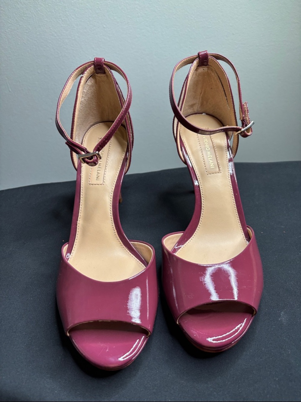 Antonio Melani Size 8 Mid-Heel Ankle-Strap Sandals in Wine Patent